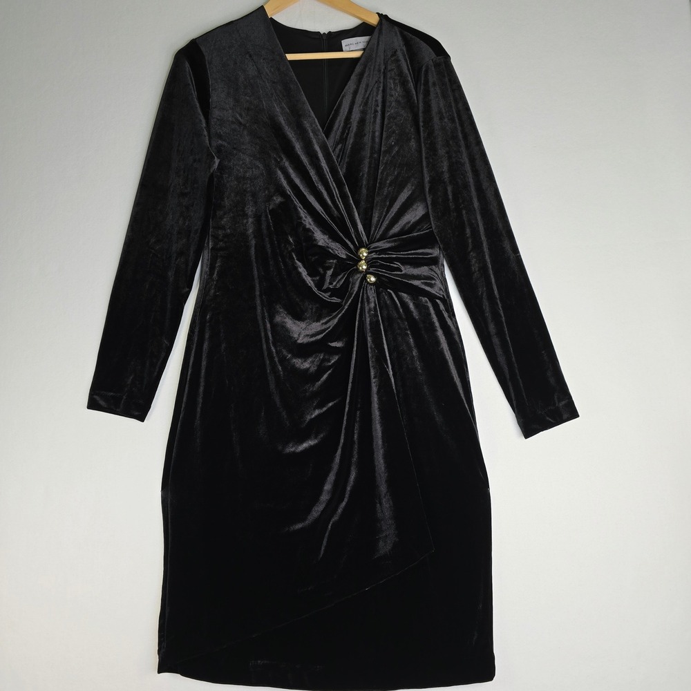 Marc New York Andrew Marc Black Velvet Long Sleeve V-Neck Ruched Wrap Dress